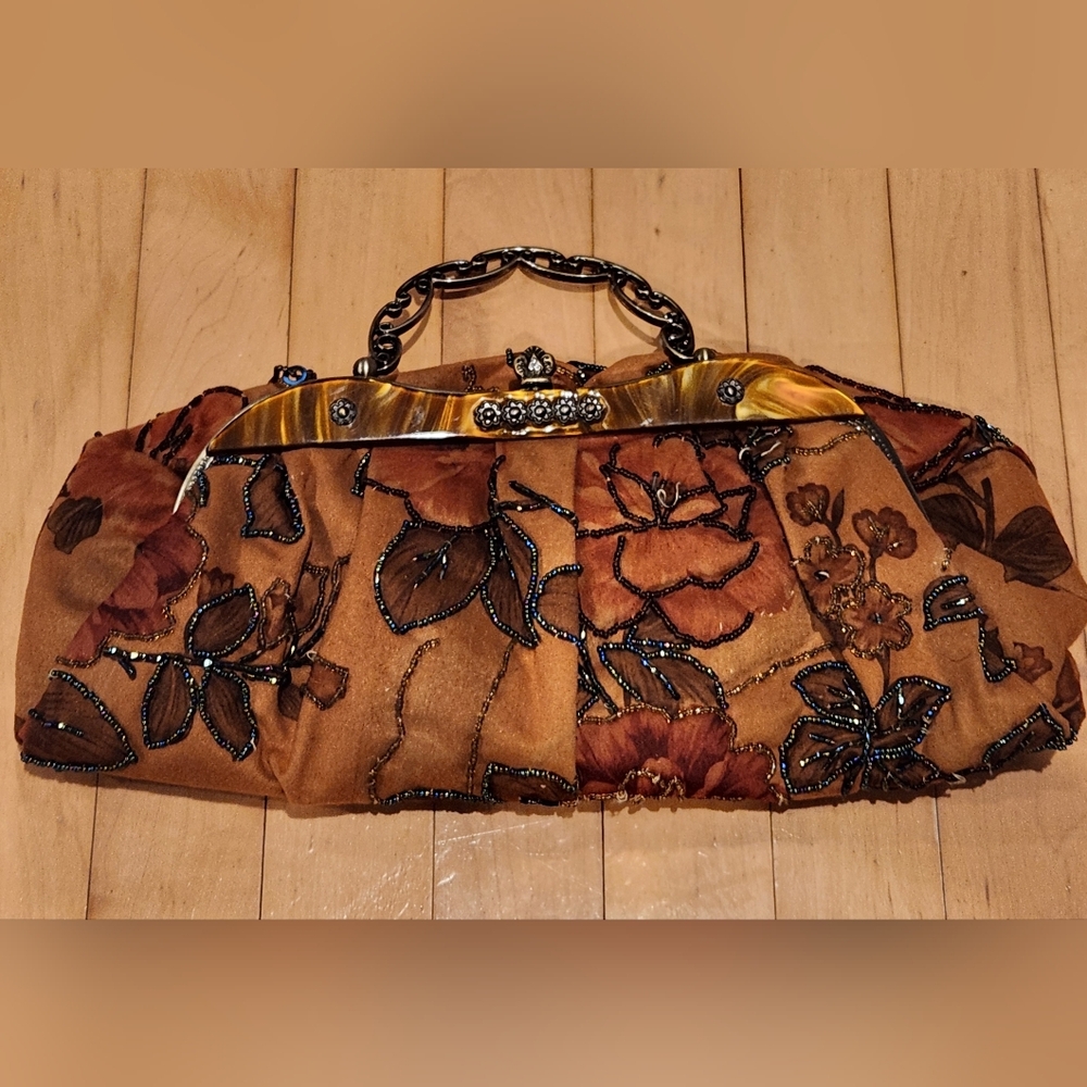 Victorian Beaded evening bag, floral bag Metal Strap Acetate, Seed Beads, Lucite